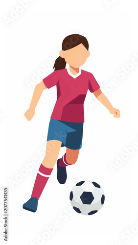 Young Female Soccer Player Running with Ball on Field
