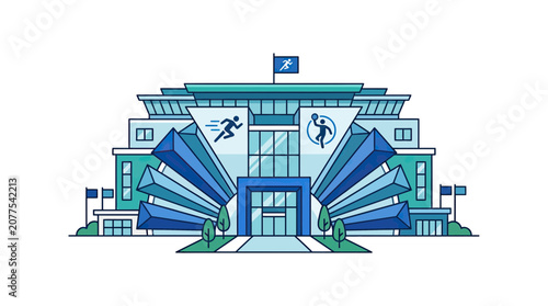 Modern Sports Complex Building with Athletic Icons and Blue Geometric Elements