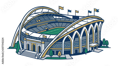 Modern Stadium Architecture with Arched Roof and Flags - Illustration