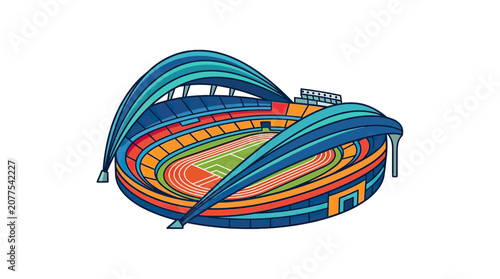 Modern Stadium Arena with Running Track and Stands, Vibrant Colors, Sports Venue