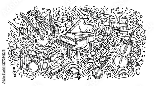 Musical Instruments Doodle Art - Grand Piano, Guitar, Saxophone, Violin, Drums