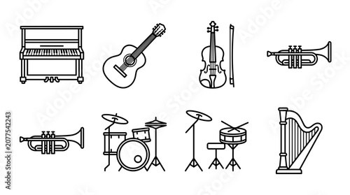 Musical Instruments Line Art Icons: Piano, Guitar, Violin, Trumpet, Drums, Harp