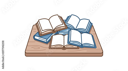 Open Books Stacked on Wooden Surface, Illustration