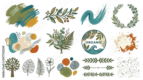 Organic Eco Elements: Brush Strokes, Leaves, Abstract Shapes, Wreath, Tree