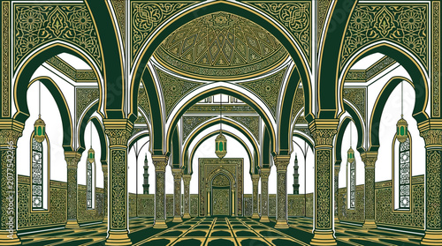 Ornate Islamic Hallway with Geometric Patterns and Arches