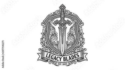 Ornate Sword Emblem with Scrollwork and Banner - Legacy Blades Est. 2023