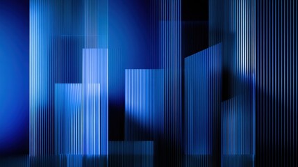 abstract geometric dark blue background with vertical ribbed glass patterns parallel stripes glowing light effects and corporate tech architecture style interior design concept digital render.