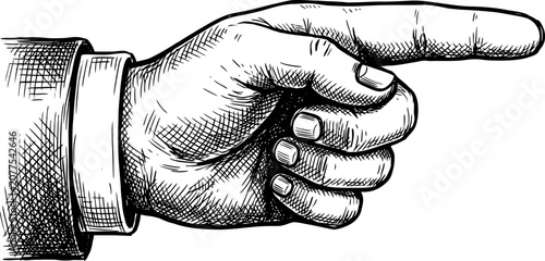 Vintage pointing hand engraving, retro woodcut index finger gesture, antique style man hand in suit sleeve vector illustration