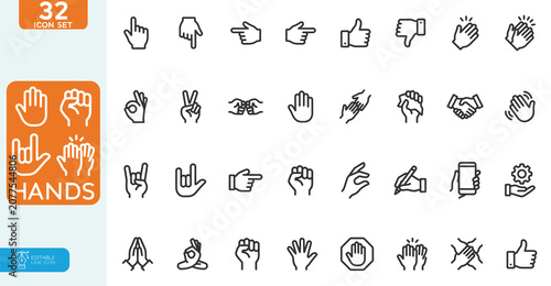 Hands Vector illustration line editable Icons set. Handshake, hands holding mobile, click, stop, applause, like, thumbs up. on white background.