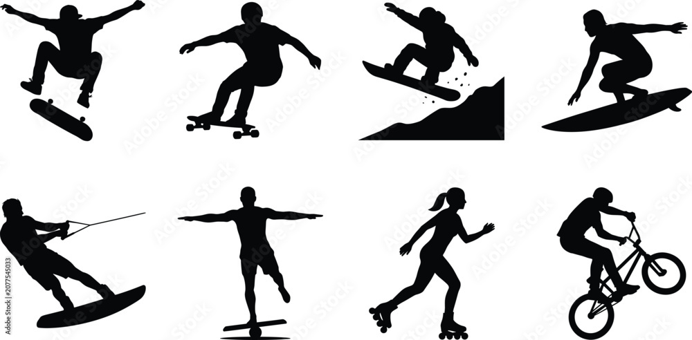 Obraz premium Set of extreme action sports silhouettes featuring skateboarding, surfing, snowboarding, rollerblading, and BMX biking