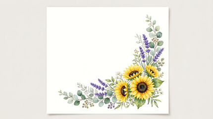 Watercolor Sunflower and Lavender Wedding Invitation Mockup - Rustic Floral Marriage Announcement Card Template