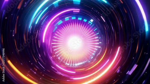 Futuristic glowing neon spiral tunnel with vibrant circular light trails and abstract digital motion background