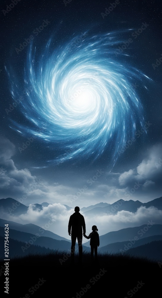 Fototapeta premium Silhouettes of man and child looking at swirling galaxy