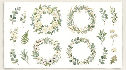Watercolor White Floral Wreaths and Botanical Elements Clipart Set - Cream Rose, Anemone, Cotton, and Eucalyptus Greenery Collection Isolated on Transparent Background