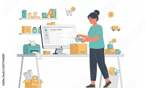 Freelance E Commerce Business Owner Packing Products Vector Illustration