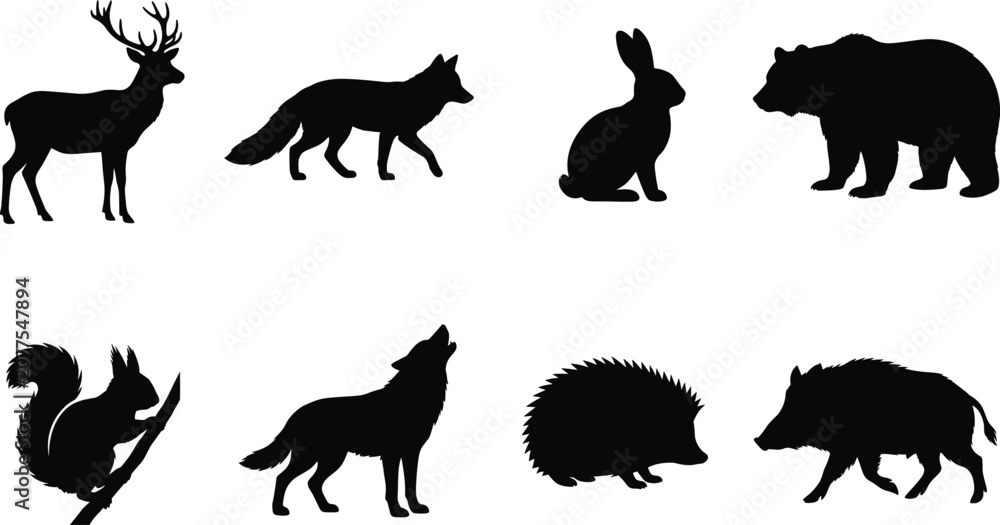 Fototapeta premium Set of wild forest animal silhouettes featuring deer, fox, rabbit, bear, squirrel, wolf, hedgehog, and boar