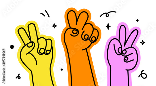 Photos Vector hand drawn gesture, doodle sketchy illustration, three hands showing peac
