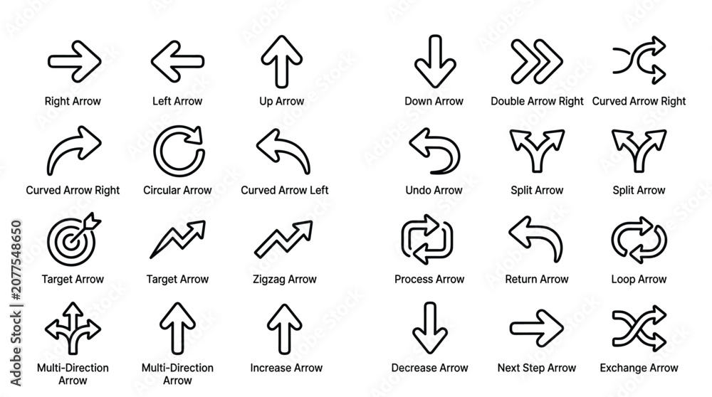 Fototapeta premium Arrows and navigation symbols set featuring diverse line art directional icons including right left curved spiral zigzag multi direction loop and split arrows.