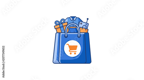 Blue Shopping Bag with Gift and Apparel Icon
