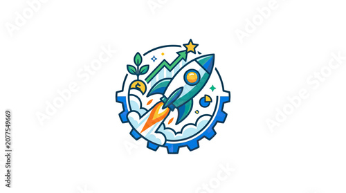 Startup Launch Concept with Rocket and Business Growth Icons