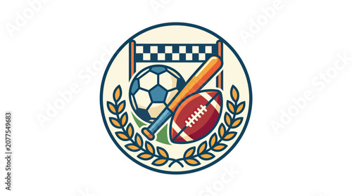 Sports Emblem with Soccer Ball, Baseball Bat, and American Football