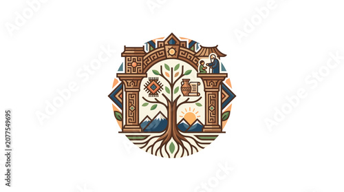 Armenian Cultural Heritage Emblem with Traditional Symbols and Architecture
