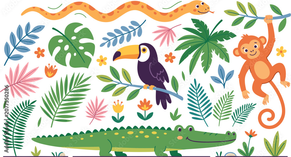 Obraz premium Colorful Jungle Animals and Tropical Plants Illustration on Black Background.