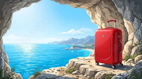 Red Suitcase at Cave Entrance Overlooking Tropical Sea