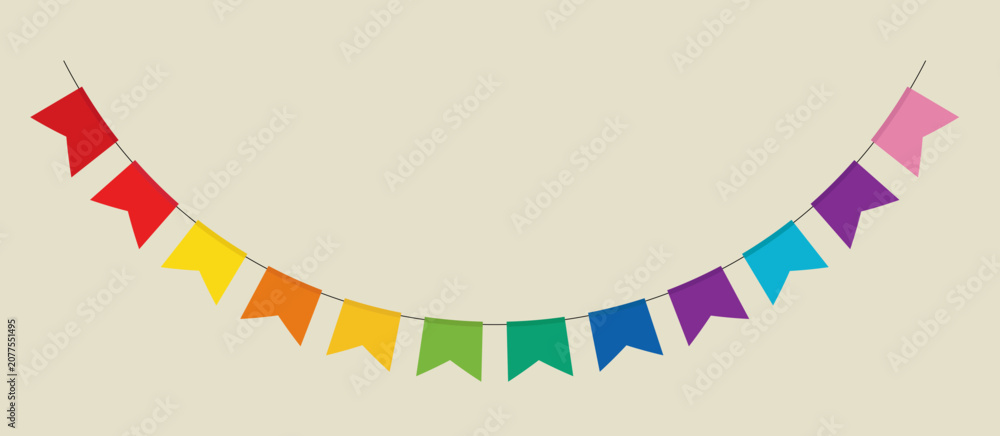 Obraz premium Pastel multicolored triangle party flags hanging on minimalist cream backdrop
