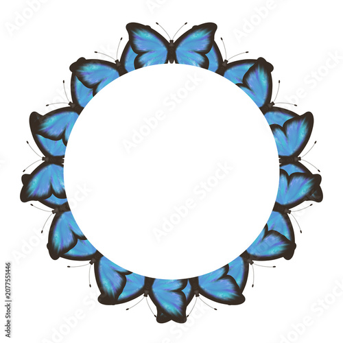 Elegant round butterfly frame with vivid blue butterflies arranged in a graceful wreath. Decorative raster illustration isolated on white, ideal for invitations, greeting cards and prints