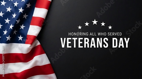 Veterans Day banner with American flag on black background and 'Honoring All Who Served' text