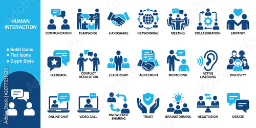Tableau sur toile Human interaction and social skills glyph solid icon set
