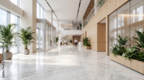 blurred wide angle interior of a modern corporate lobby, marble flooring, light oak wood paneling, lush indoor tropical plants, bright natural sunlight.