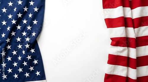 American flag draped on white background with copy space, top-down view