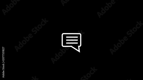 White speech bubble icon with lines representing text on a black background chat message