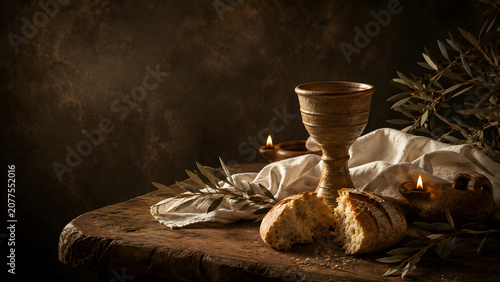 Communion elements with bread, chalice, and olive branches on wooden table