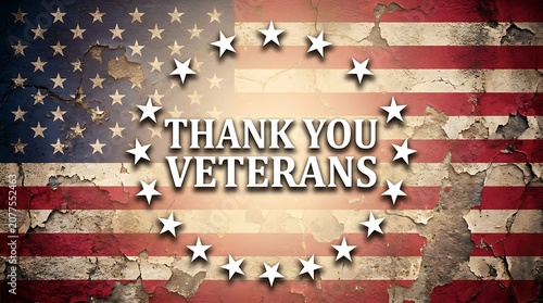 Thank You Veterans text on distressed American flag background with glowing stars