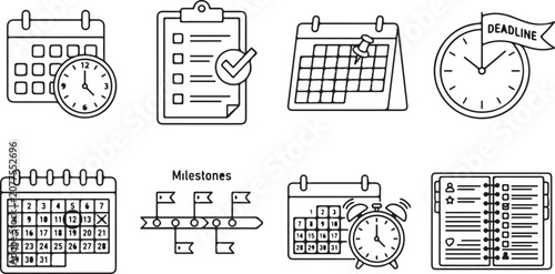 Business planning and organization icons calendar task list timeline alarm clock deadline icons vector.