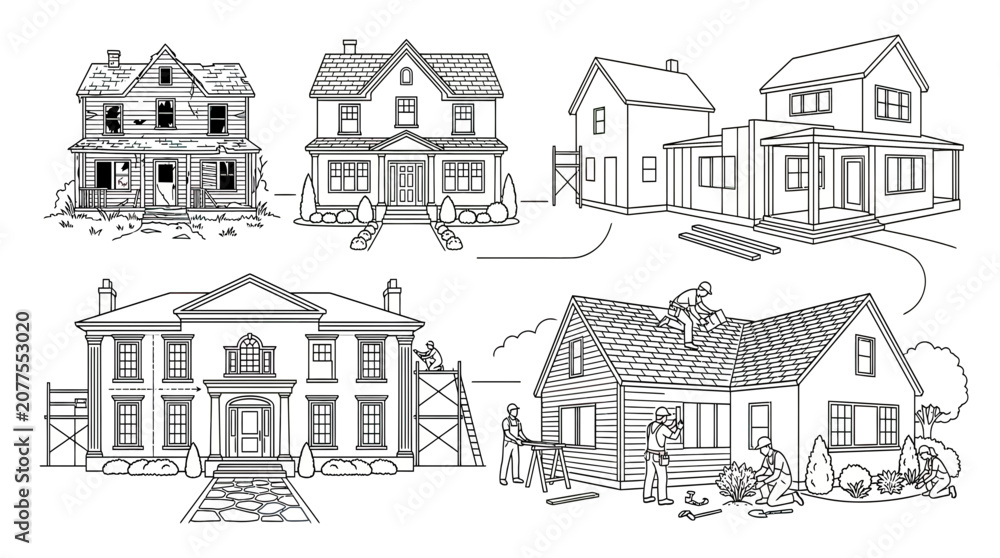 Fototapeta premium House Renovation Progression: Dilapidated to Modernized