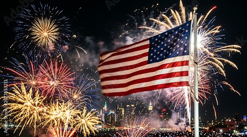 American flag waving against vibrant fireworks display over city skyline at night