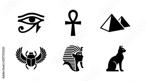 Tableau sur toile Black‑and‑white Egyptian icons featuring Eye of Horus, ankh, pyramids, scarab, p