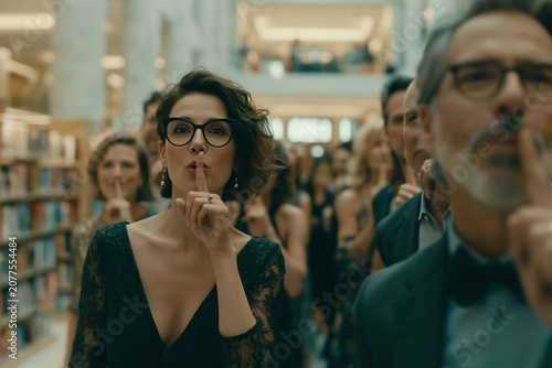 Adult crowd in elegant party wear performs silent gesture in library aisle with finger on lip, calm and secretive mood
