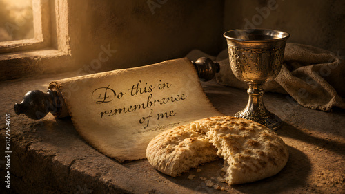 Communion elements with scroll and text do this in remembrance of me