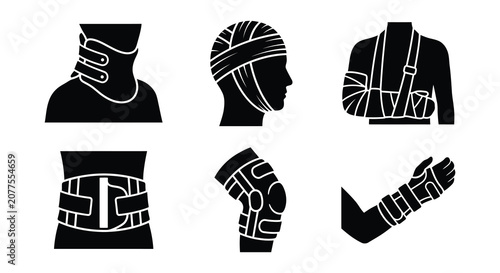Obraz na plátne Injured body parts with medical supports black vector silhouettes on white