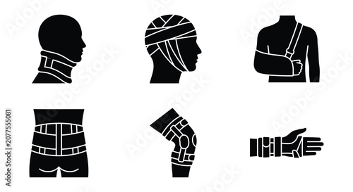 Schilderij op canvas Injured body parts with medical supports black vector silhouettes on white