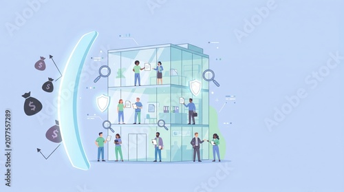 Corporate security and financial data protection concept with office building and team business