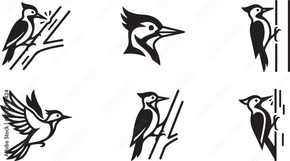 Fototapeta premium Black and white woodpecker bird illustrations in various poses Vector