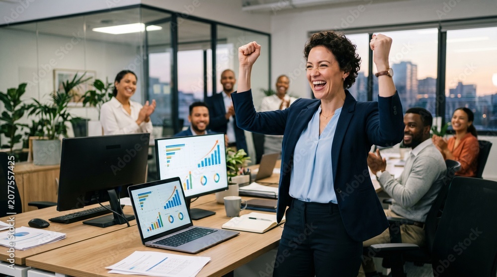 Fototapeta premium Excited businesswoman celebrates success with team in modern office with charts on screens