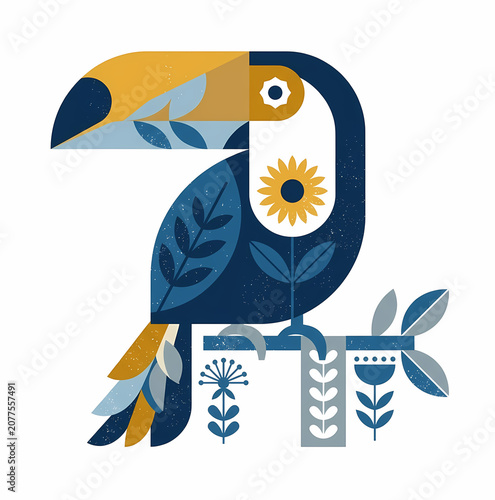 Stylized toucan bird illustration with geometric folk art floral patterns, isolated on a white background