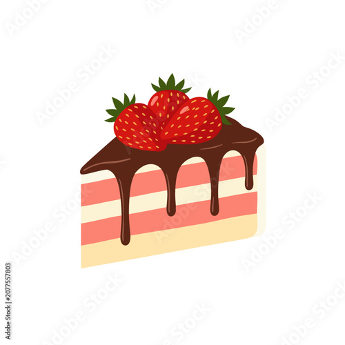 Strawberry Cake Slice with Chocolate Drizzle Vector Illustration, Isolated Dessert Icon for Sweet Treats and Bakery Design